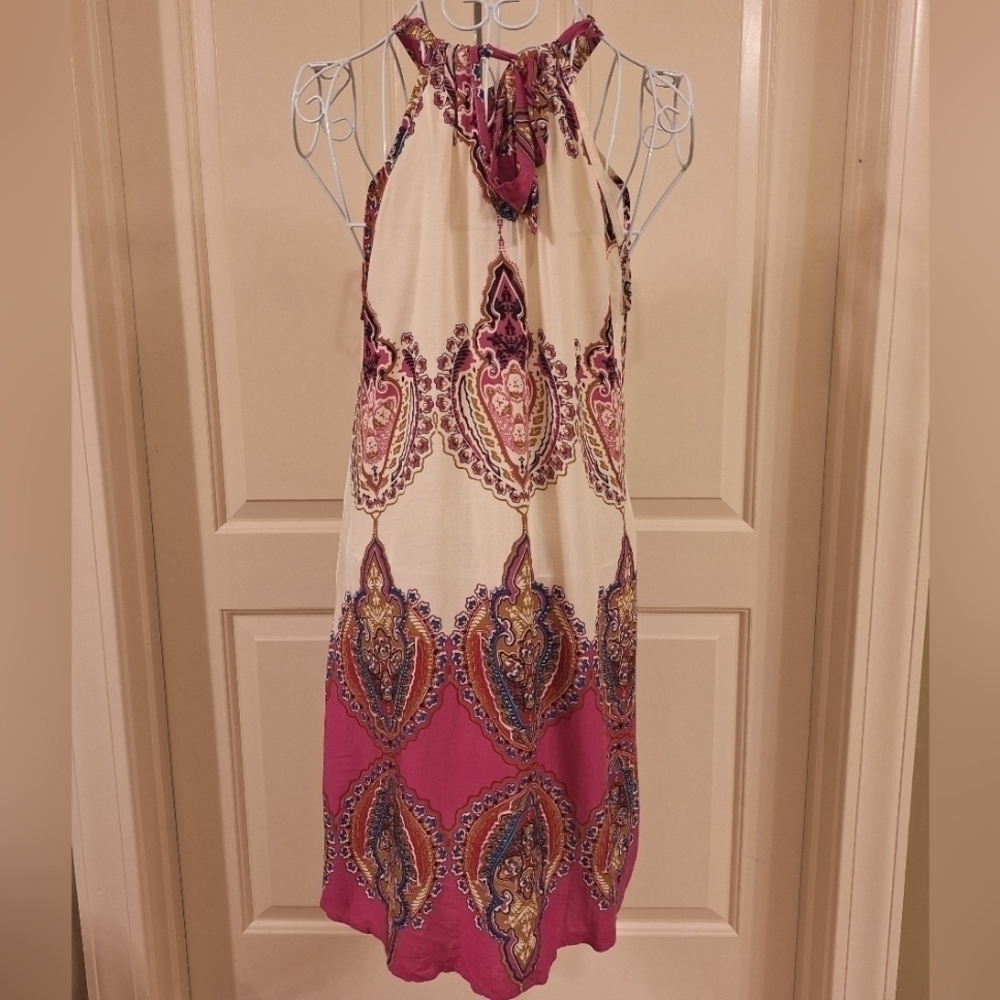 Paisley Print A-Line Swing Halter Dress MultiColor Pink Ivory Blue - Picture 3 of 6
